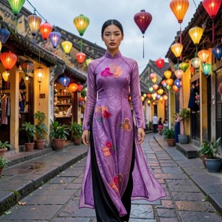 Two-layer organza Vietnamese long dress with purple cloud-pattern embroidery